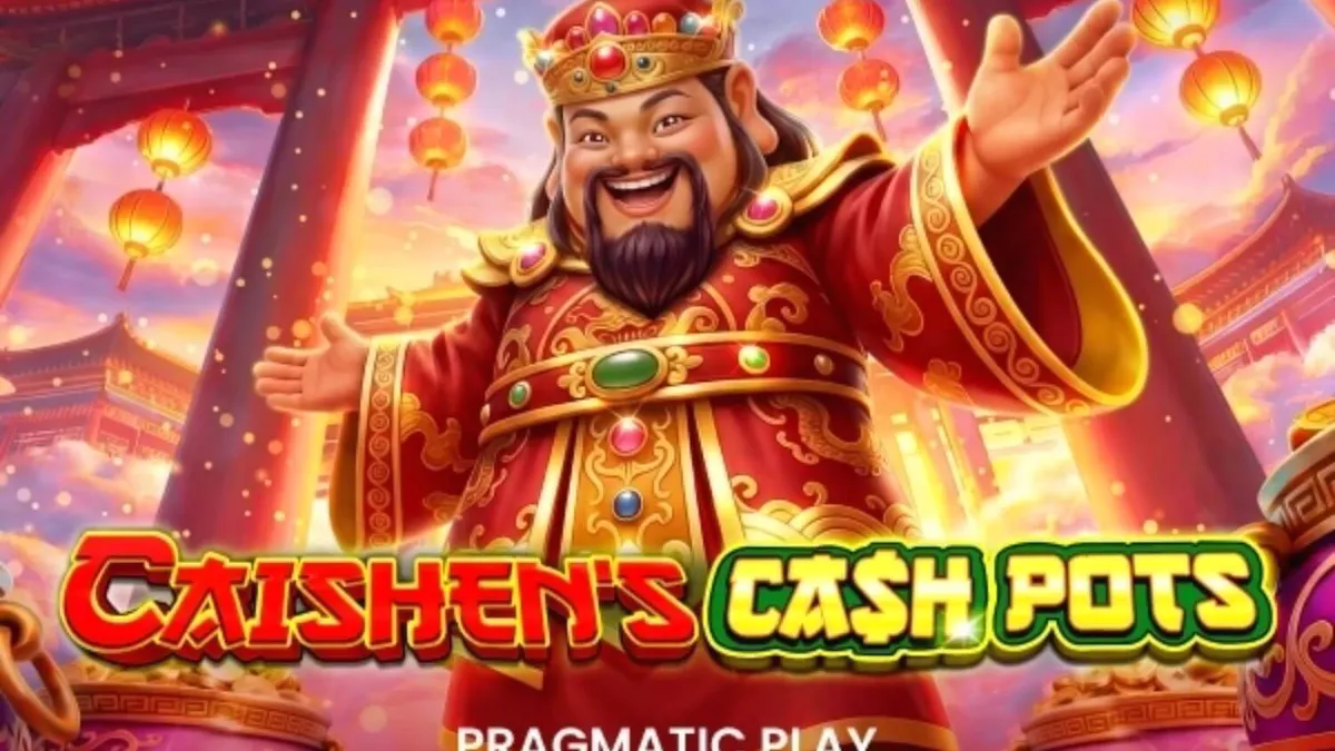 Interface do jogo de slot Caishen’s Cash Pots com elementos temáticos dourados