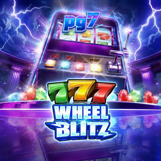 Captura de tela do jogo de slot 777 Wheel Blitz, mostrando a grade 3x3 com símbolos clássicos e o recurso da roda de prêmios.